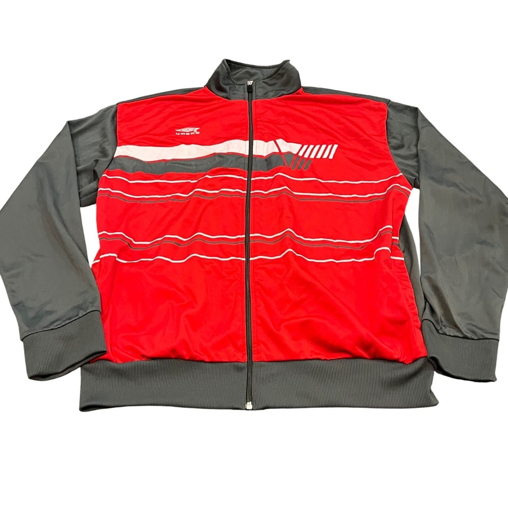 Y2K Umbro Track Jacket Mens L Red Gray‎ Striped Full Zip Soccer Sportswear